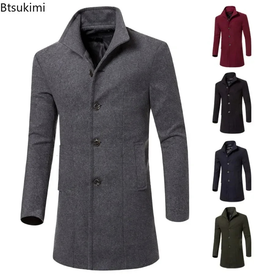 2025 Mens Warm Woolen Trench Jacket Solid Slim Woollen Coats Male Fashion Windproof Stand Collar Long Outwear for Men 250729