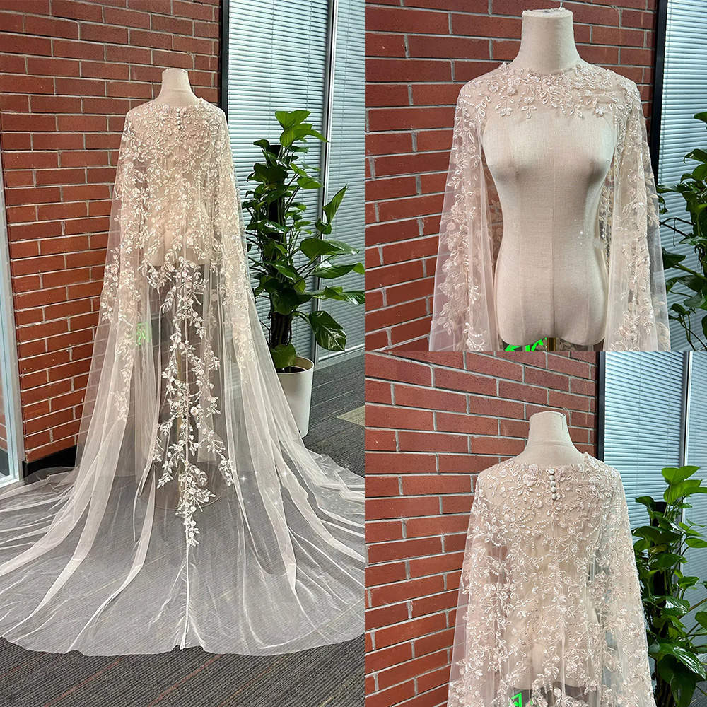 Graceful Appliques Long Bridal Wrap 3D Flowers Shawl Wedding Cape Dress Women Jacket Customized Wedding Accessories