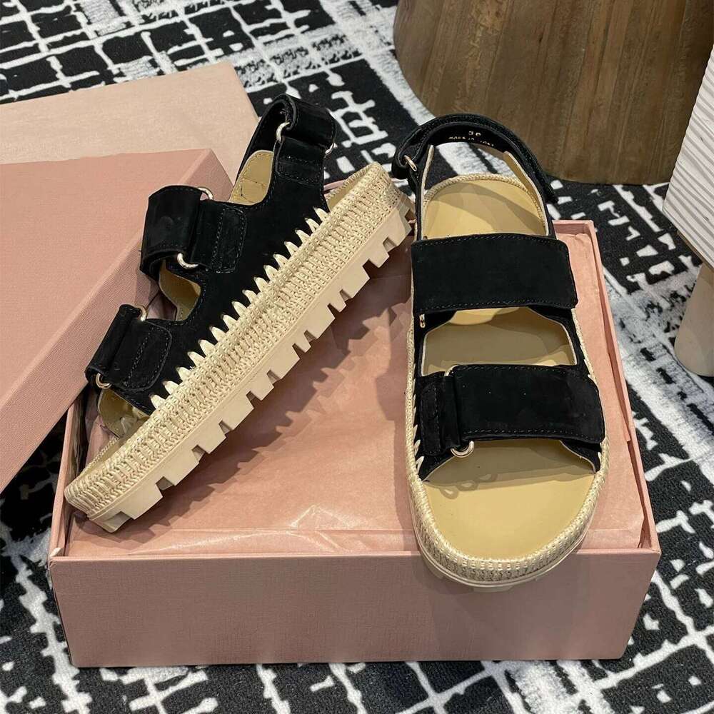 Women Size35-41 Natural Cow Suede Sandals Flat Platform Weaving Summer Flats Hook Loop Designer Shoes Zapatillas De Mujer 591