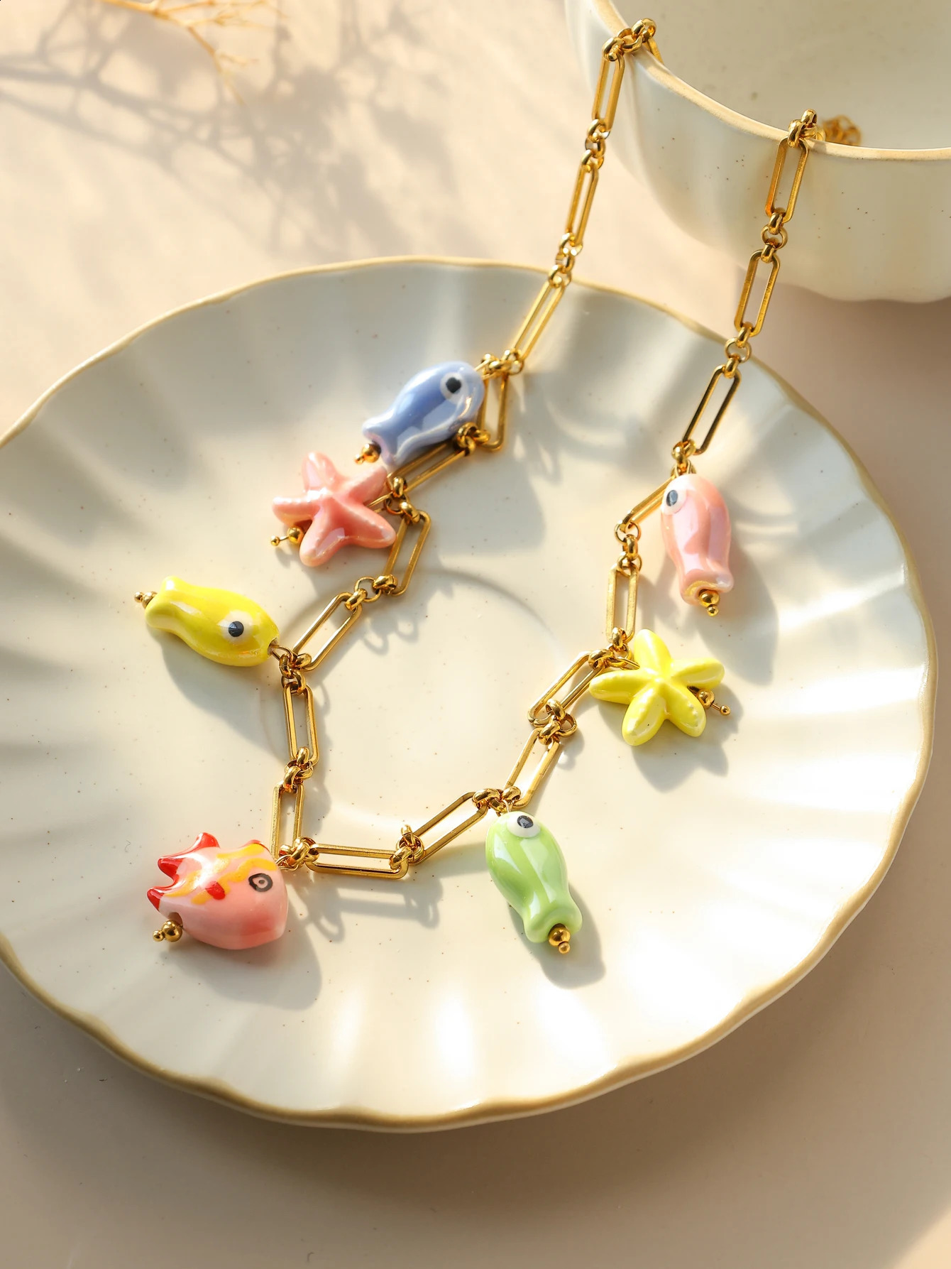 Fashion Stainless Steel Ceramic Starfish Fish Necklace for Women Girls Summer Beach Party Waterproof Cute Jewelry 250716