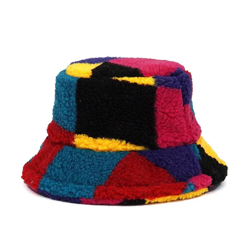 Winter Bucket Hats Fluffy Fur Men Women Panama Hat Fashion Warm Fisherman Cap Letter Rainbow Houndstooth Leopard Print 250724
