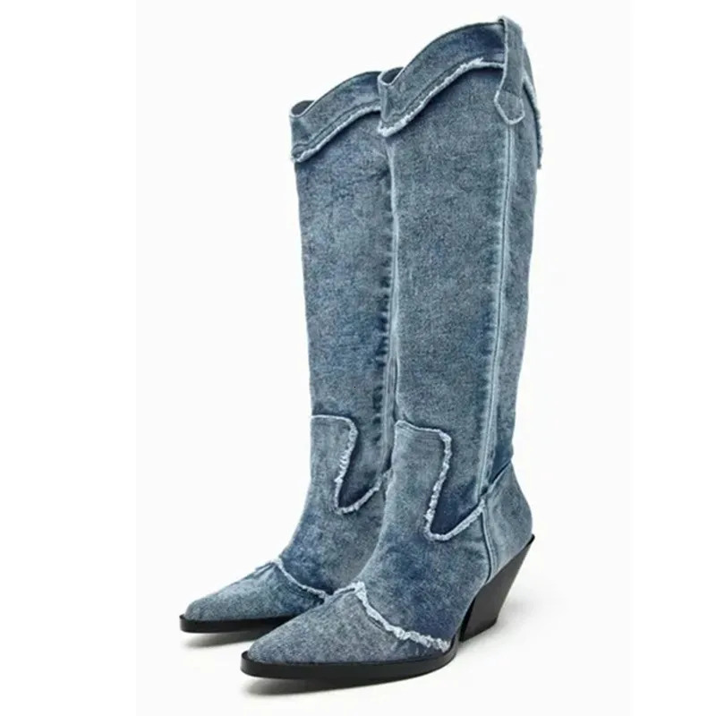 2025 Style Denim Boots For Womens High Boots Crystal Fringe Chunky Heels Shoes Retro Ladies Slip-on Chelsea Boots 250729