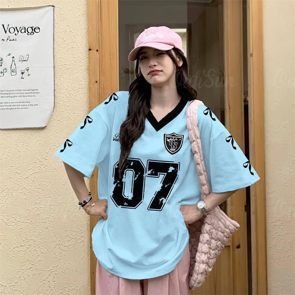2025 High Street Leisure Sports Baseball Collar Color blocked Short Sleeve Women's Summer Loose Printed Top New Designer T-shirt