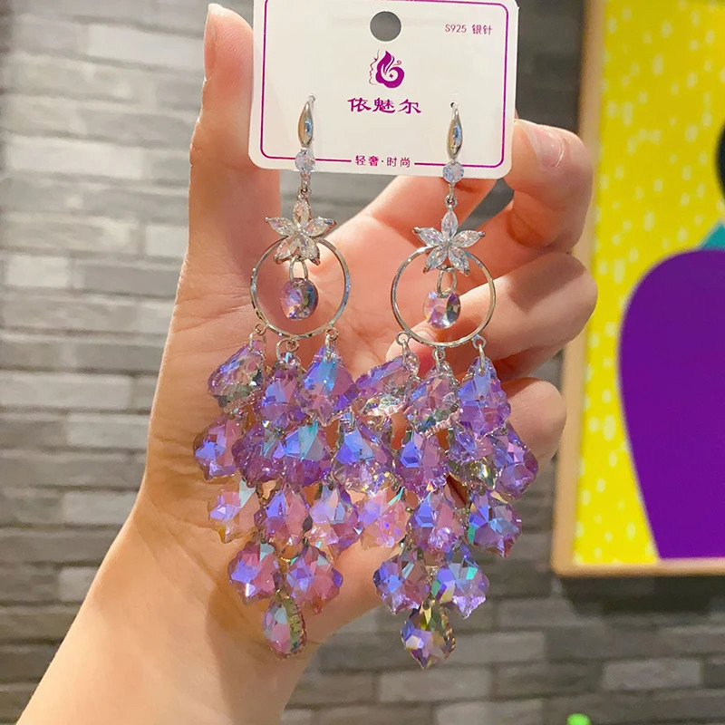 Fashion Shiny Purple Crystal Waterdrop Dangle Earrings for Women Trend Big Earring Wedding Banquet Party Jewelry Gift 250730