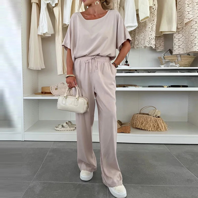 Fashion Oneck Pullover with Long Pants Suit Women Casual Short Sleeve Loose Two Piece Set Elegant TieUp Solid Outfits w250729