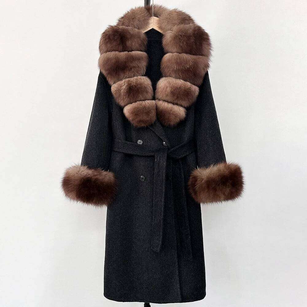 Designer Clothing Blends Long Natural Woolen Coat Women New Autumn Winter Clothes Fashion Warm Wool Real Fox Fur Jacket Overcoat Fashion
