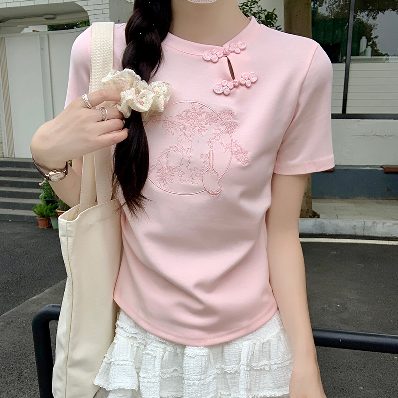 2025 Chinese embroidery short sleeved women's S T-shirt summer new design sense niche ethnic style button slim fit short top new designer T-shirt