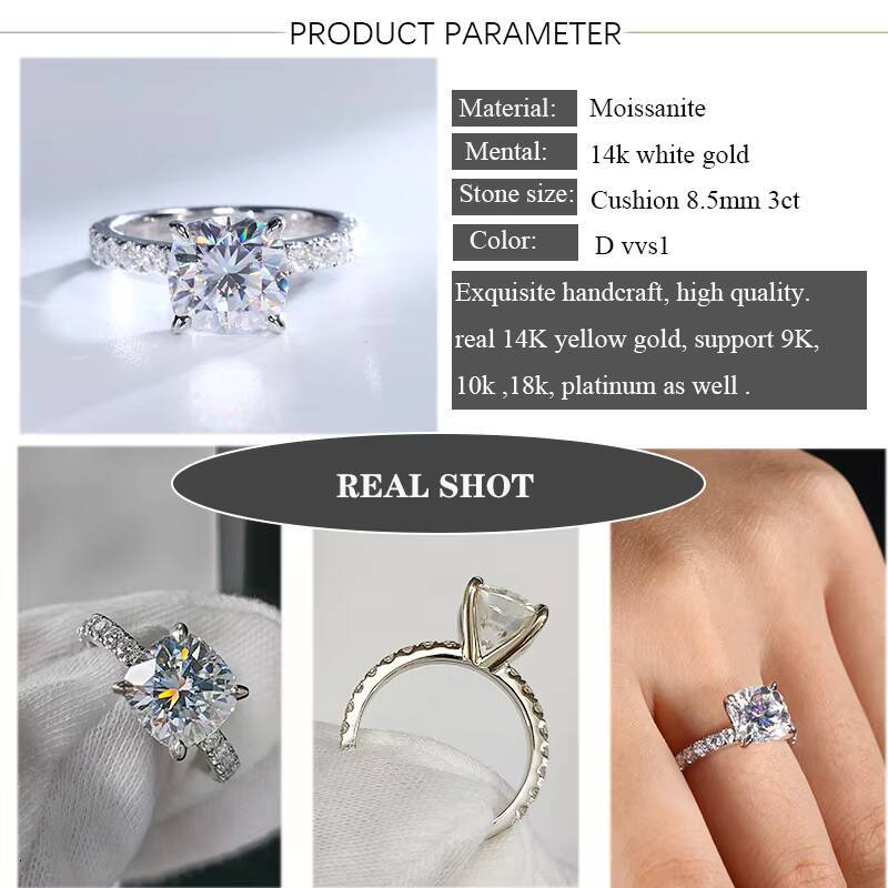 8.5x8.5mm 3 Carats Cushion Cut Moissanite Wedding Ring 18K 14K Solid Gold Jewelry Ring 925 Sterling Silver Moissanite Ring