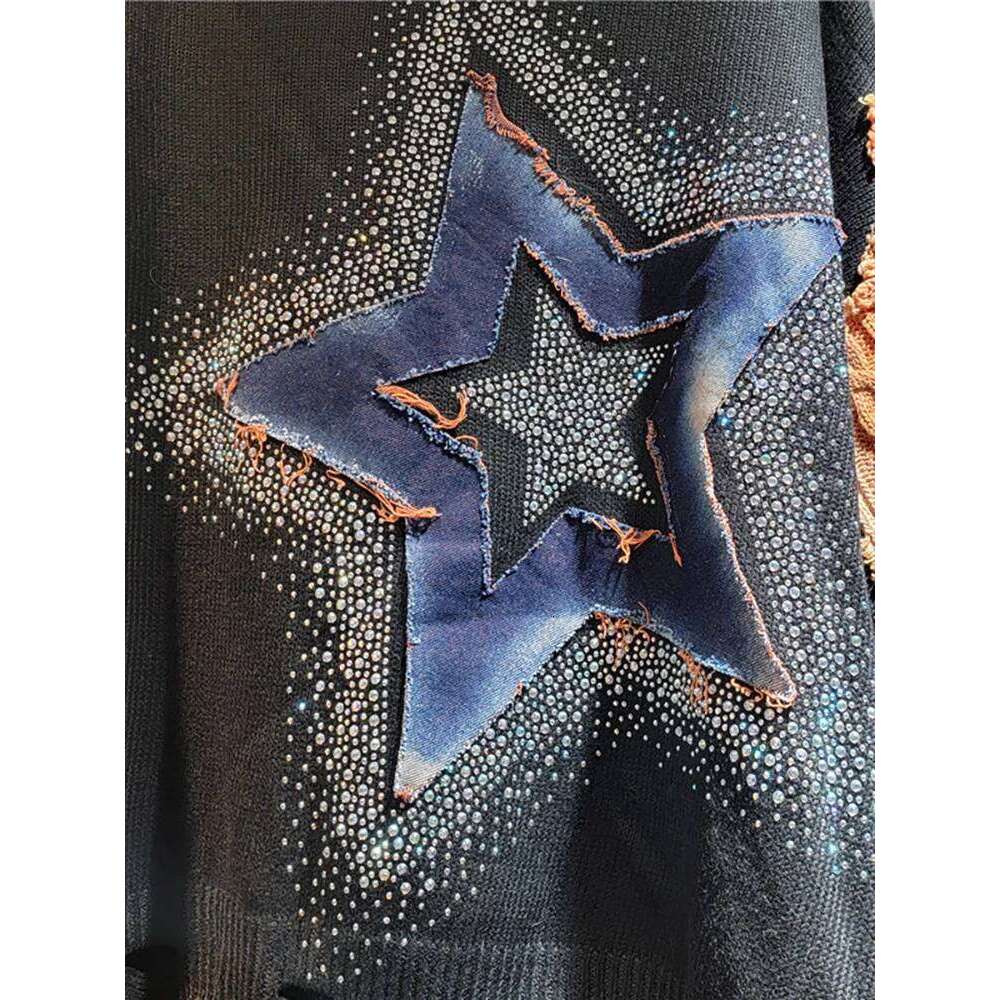 Designer Clothing 2025 DEAT Women's Pullover Patchwork Denim Star Rhinestone Broken Holes O-Neck Loose Long Sleeve Sweater 2025 Summer New Fashio