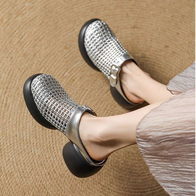 Genuine Leather Closed-Toe Half Slippers Woven Women's Casual Outdoor 2025 Summer New Fashion Sandals Platform Thick Sole Mesh Shoes