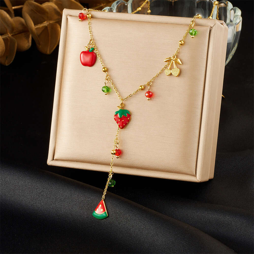 Fashion Niche Design Pastoral Style Fruit Series Oil Drop Imitation Strawberry Watermelon Pendant Stainless Steel Necklace