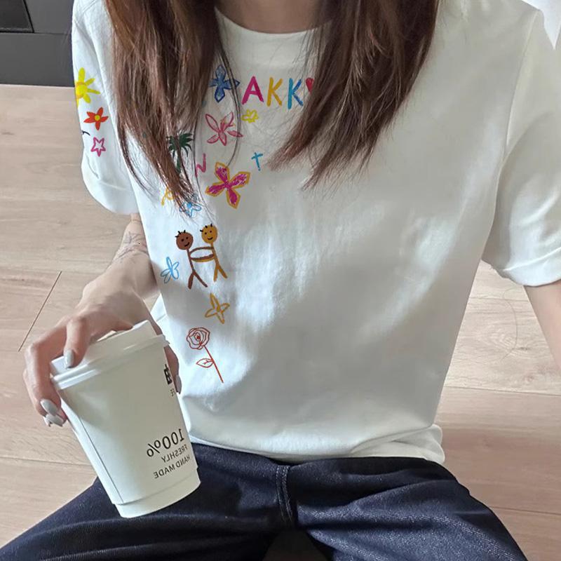 2025 American hip-hop style off shoulder short sleeved women's T-shirt summer new cotton lazy style loose round neck top new designer T-shirt