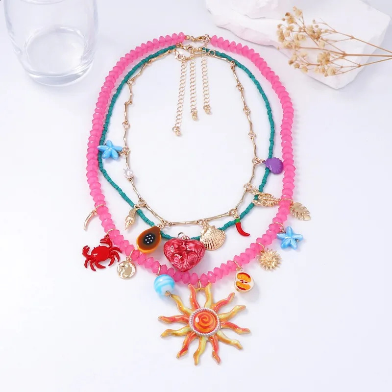 Summer Ocean Vacation Beaded Charms Sun Heart Conch Crab Pendant Necklaces for Women Beach Party Jewelry Neck Accessories 250716