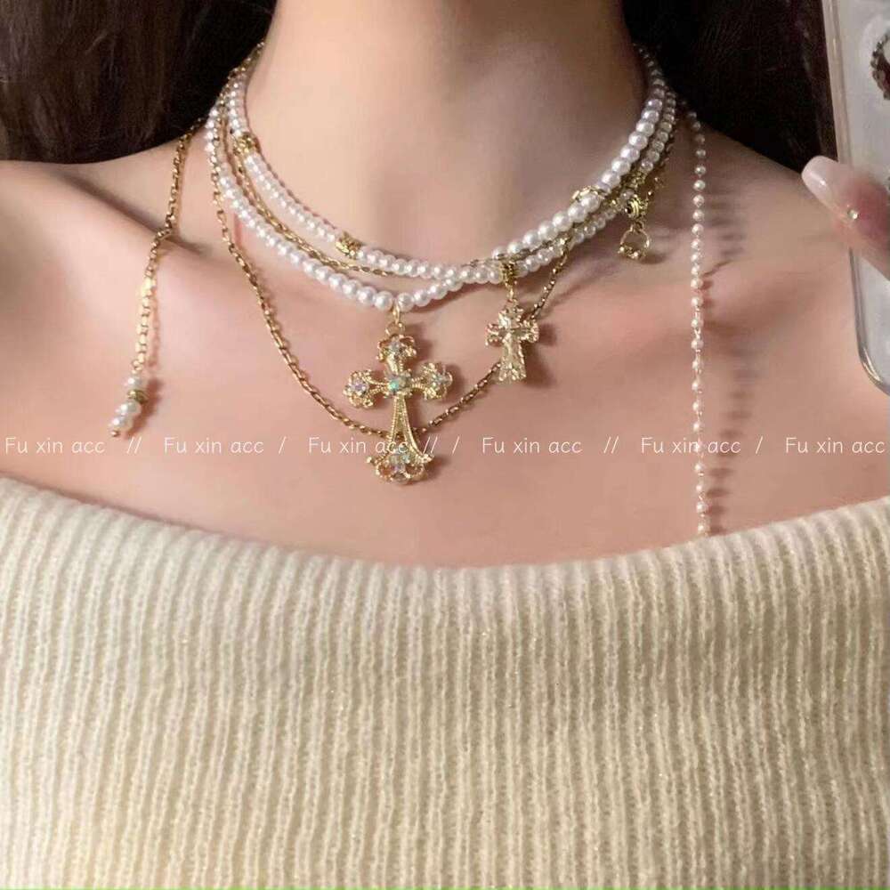 Cross Pearl Necklace 2023 New Sweet Cool Sweater High-end Light Niche Neck Chain Accessory 449