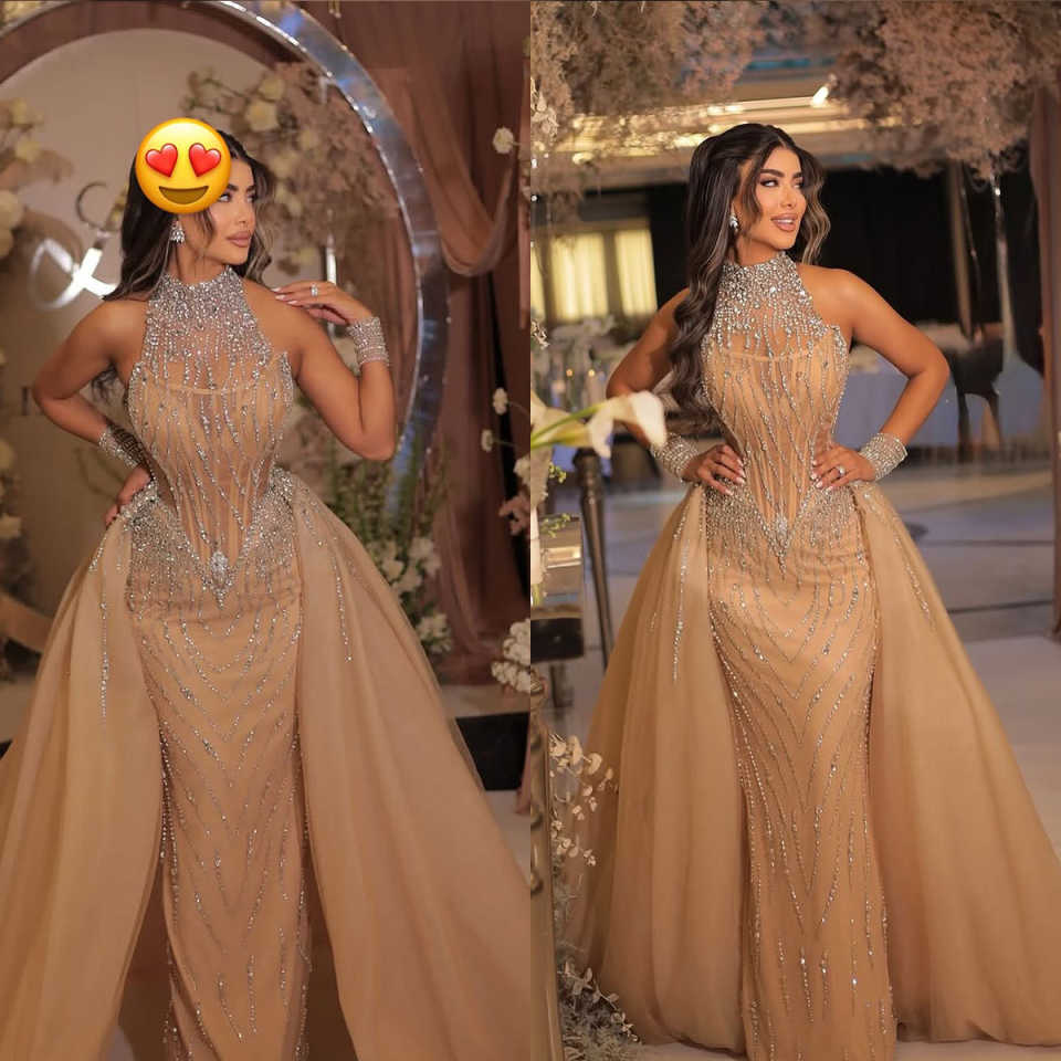 Luxury Sleeveless Sequins Evening Dresses Customized Elegant Beaded High Neck Prom Dress Detachable Tain Floor Length Party Gown