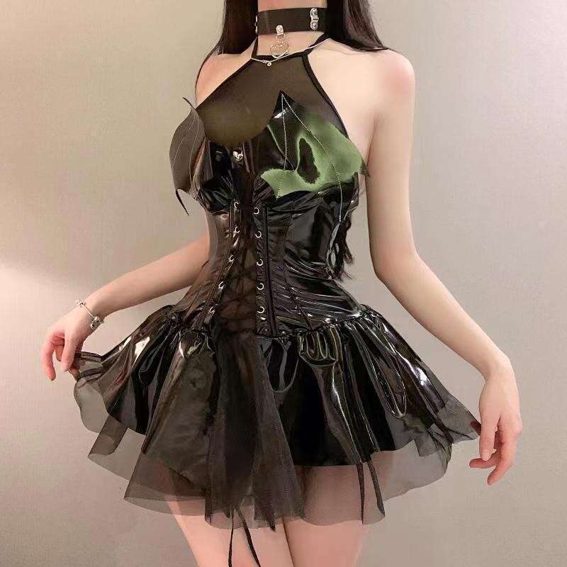 Ranshuo Sexy Lingerie Patent Devil Wings Uniform Cosplay Sheer Dress Halter Leather Jacket Set Short rompers