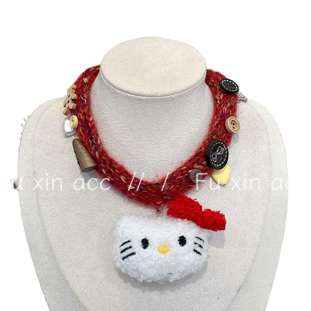 Cute Cartoon Meowing Cat Collar for Girls Sweet Niche Simple Woven Plush Woolen Doll Clavicle Chain e2a