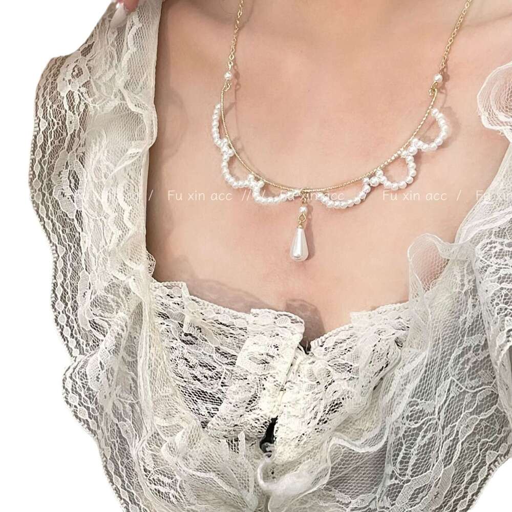 Lucy's Lace Pearl Water Drop Necklace French Light Versatile Collarbone Niche Fashion High-end Sweater Chain a06