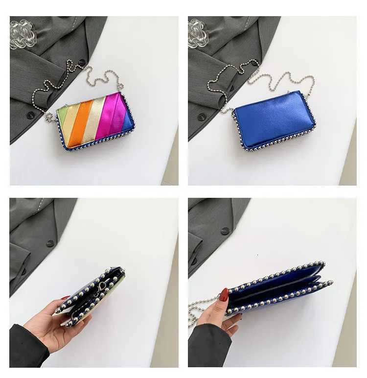 Womens New Splicing Rainbow Striped Small Square Bag Bead Chain Shoulder Bag Fashionable Messenger Bag Handbags Y250730