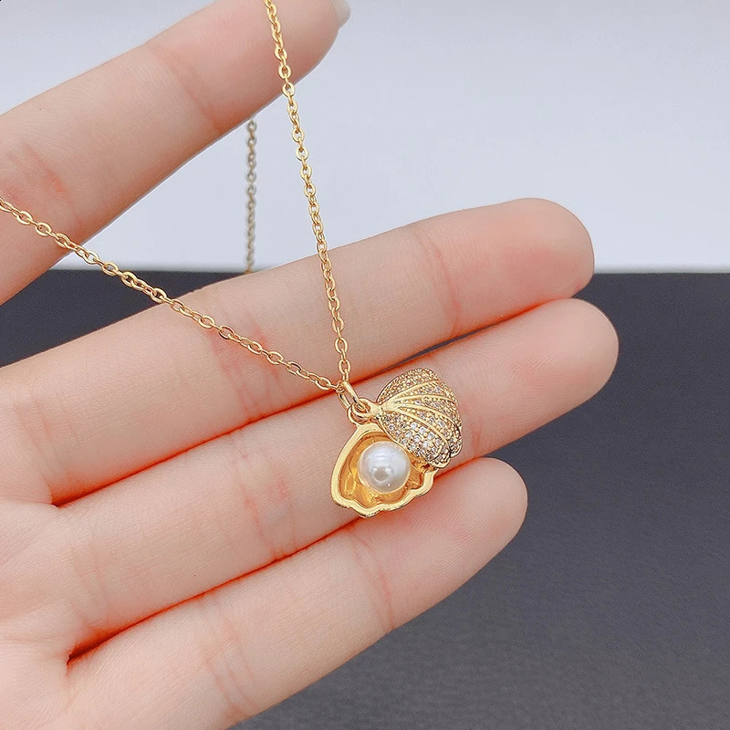 Summer Fashion Crystal Zircon Shell Pearl Pendant Necklace For Women Collar Beach Neck Jewelry 250716