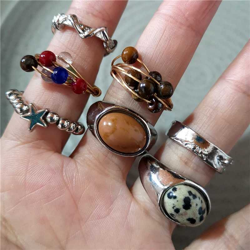 New Fashion Vintage Brown Spotted Tiger Eye Stone Rings For Women Silver Color Irregular Round Open Ring Aesthetic Jewelry Gift y250730