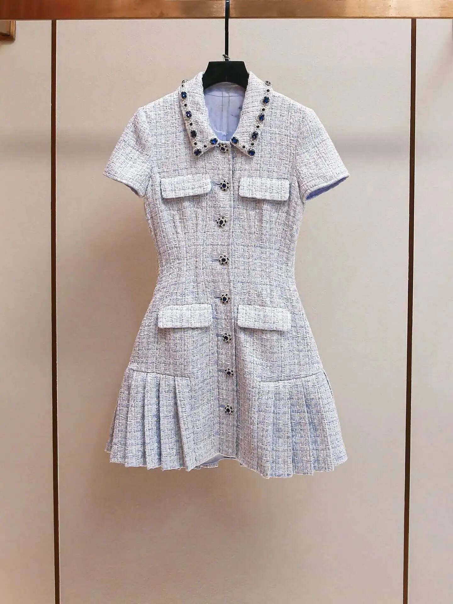 Summer Autumn Crystal Tweed Short Dress Shirt Women Sleeveless Beaded Dias Single Breasted Evening Party Dresses Lady dongdumaoyi