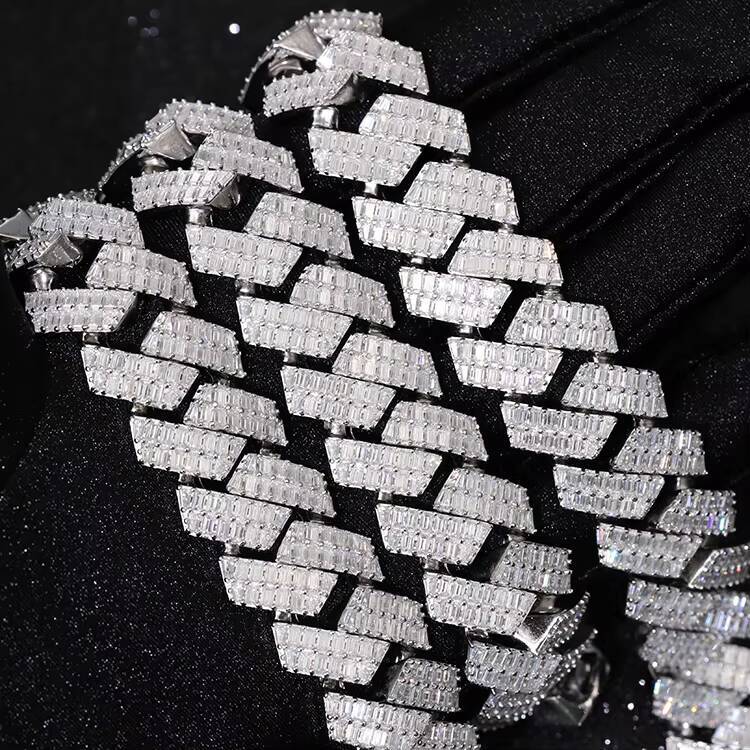 Yu Ying Gems Jewelrys 20mm Wide Full Baguette Moissanite Diamond 925 Sterling Silver Necklace with Cuban Chain