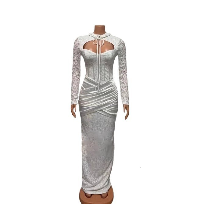 New Half-high Collar Lace-up Stitching Low-cut Sexy Hip-hugging Long-sleeved Dress Evening Dress