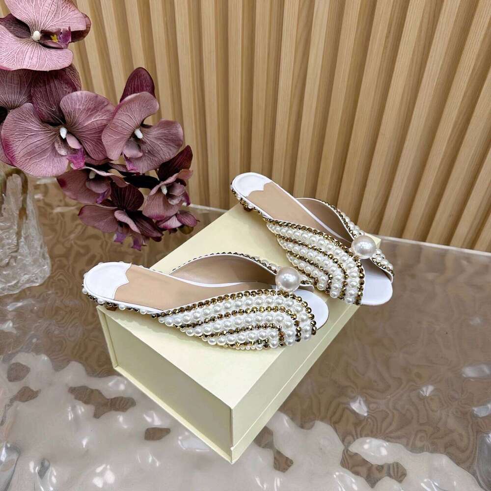 Women Size34-42 Genuine Leather Slippers Low High Heels Pearl Crystals Summer Slides Designer Shoes Zapatillas De Mujer 52c