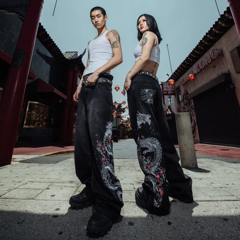 2K Fashion Street Vintage Hip Hop Oversized Pattern ed Baggy Jean Men Harajuku Rock Straight High Waist Wide Leg Pants 250731