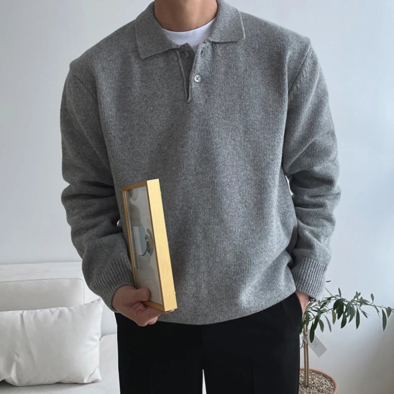 Autumn Winter Mens Knit Jumper Tops Casual Solid Color Button Lapel Sweaters Vintage Long Sleeve Sweater Polo Shirts 250731