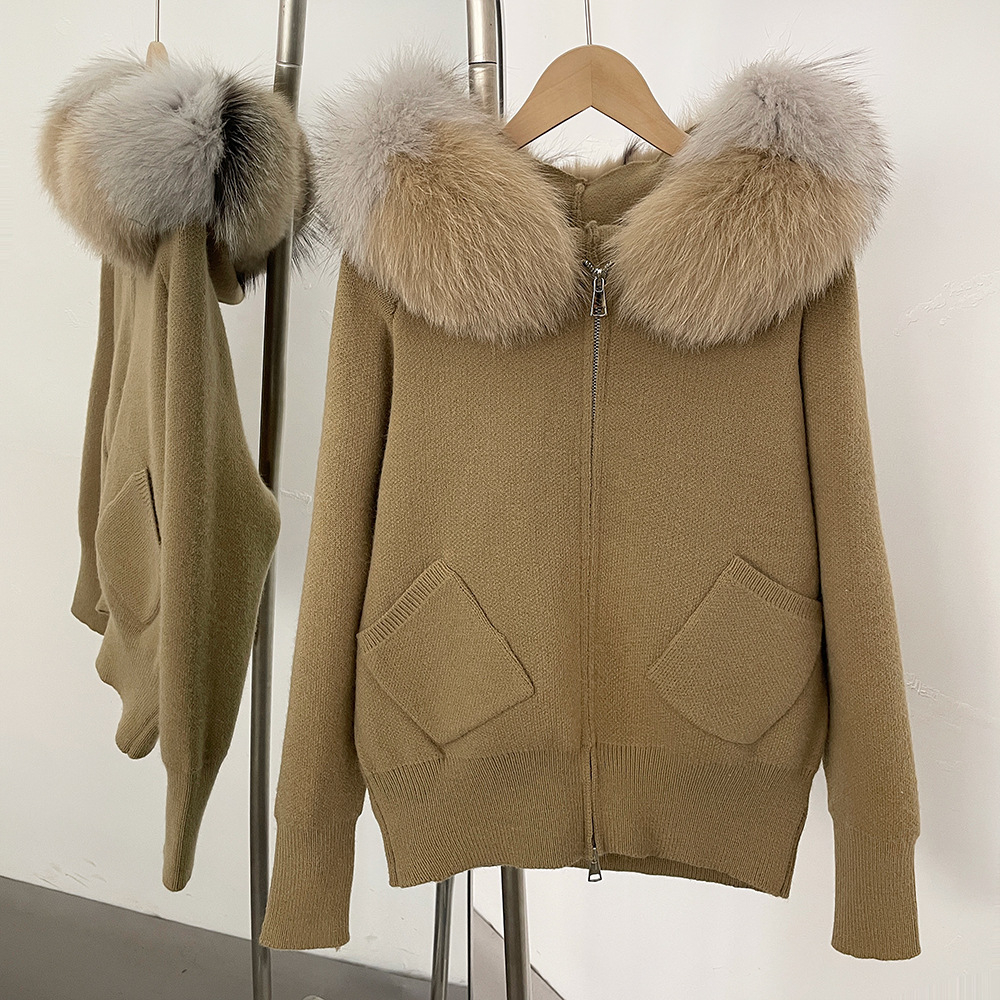 Knitted sweater cardigan jacket womens detachable oversized genuine fox fur collar new autumn winter style hooded knitted cardigan coat