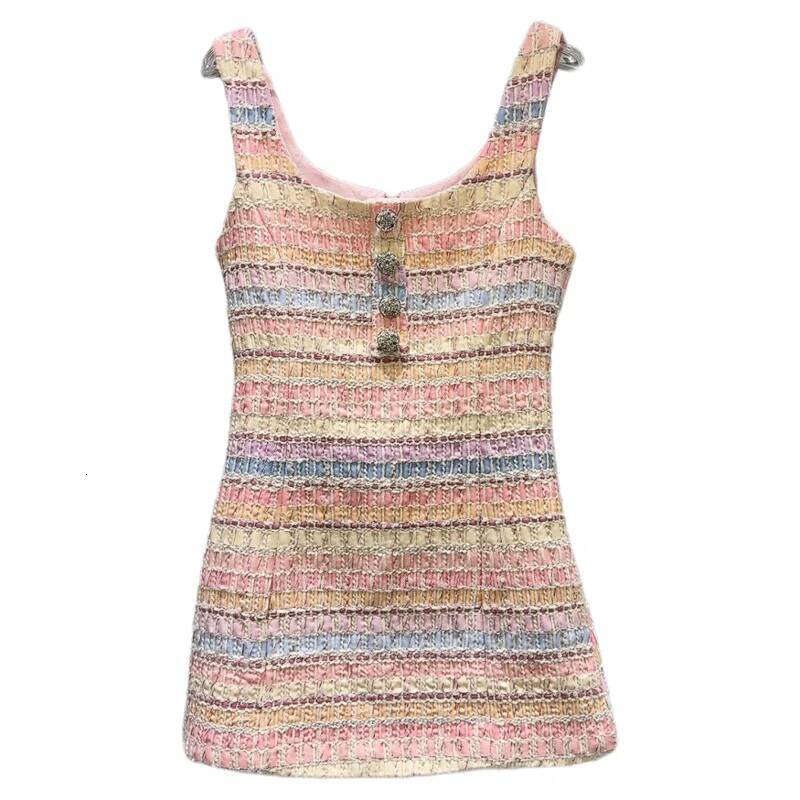 Female Elegant Contrast Color Sleeveless Dress Summer Fashion Dia Flower Buckle Woven Tweed Slimming Dresses ddmysept