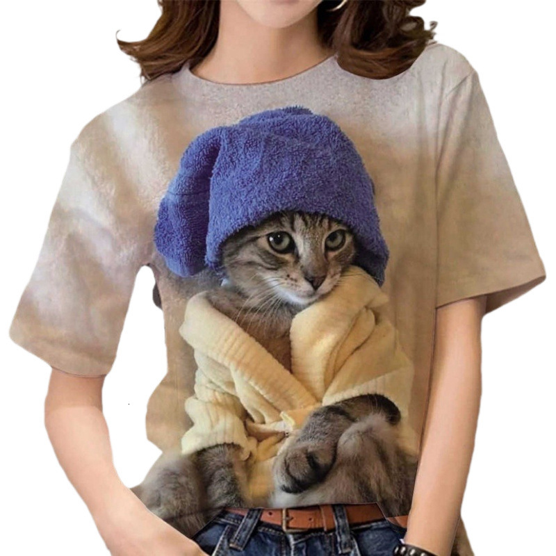 2025 Europe and America Hot selling Women's S Round Neck D Cartoon Cat Digital Printed Short Sleeve New T-shirt New Designer T-shirt