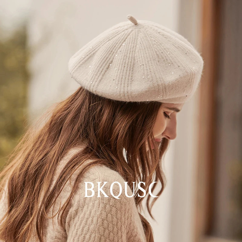 Spring Womens Knitted Beret Hats Female Colorful Velvet Knit Painter Beret Ladies Small Sequins Fashion Artist Berets Caps 250730