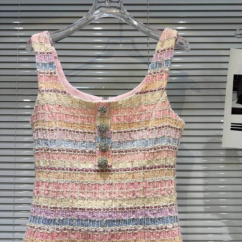 Female Elegant Contrast Color Sleeveless Dress Summer Fashion Dia Flower Buckle Woven Tweed Slimming Dresses ddmysept