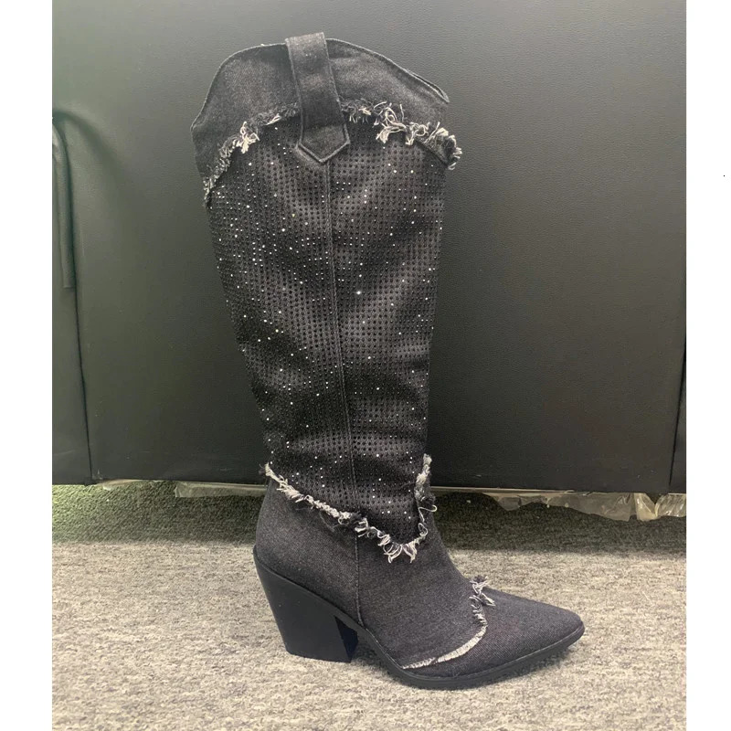 2025 Style Denim Boots For Womens High Boots Crystal Fringe Chunky Heels Shoes Retro Ladies Slip-on Chelsea Boots 250729