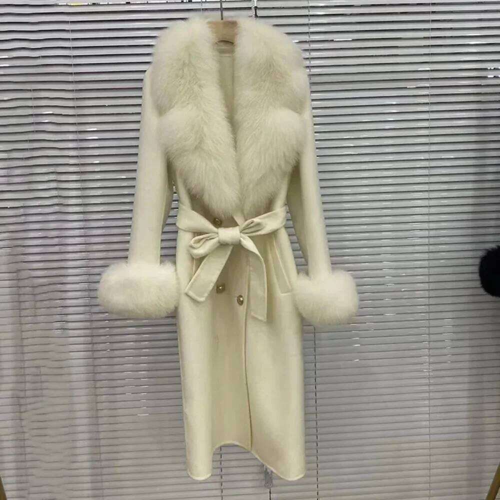 Designer Clothing Women Wool Cashmere Blended Coat 2024 Double Breasted Belt Outerwear Cuff New Long Real Fox Fur Collar Fashion Winter Jacket Fashion