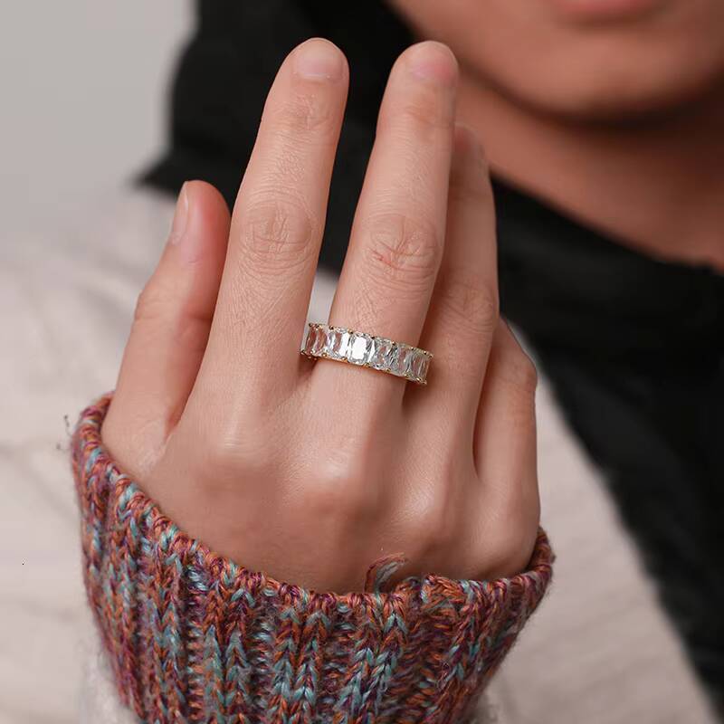 Fine Engagement Jewelry 925 Sterling Silver Emerald Cut 6.5mm VVS Moissanite Diamond Wedding Band Ring for Women Men