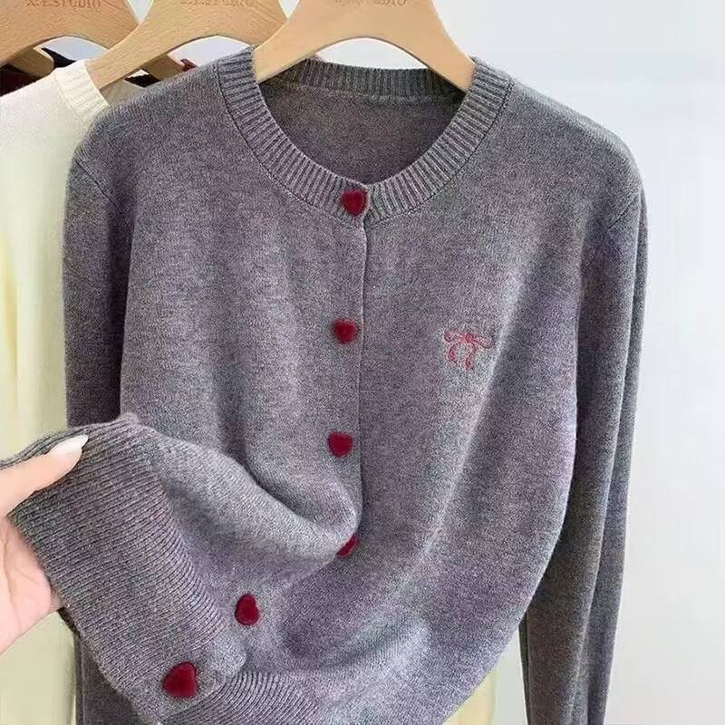 Women's Clothing Vintage Love Button Knit Cardigan Autumn/Winter Fashion All-match Bowknot Embroidery Sweaters Lady Elegant Tops ddmysept