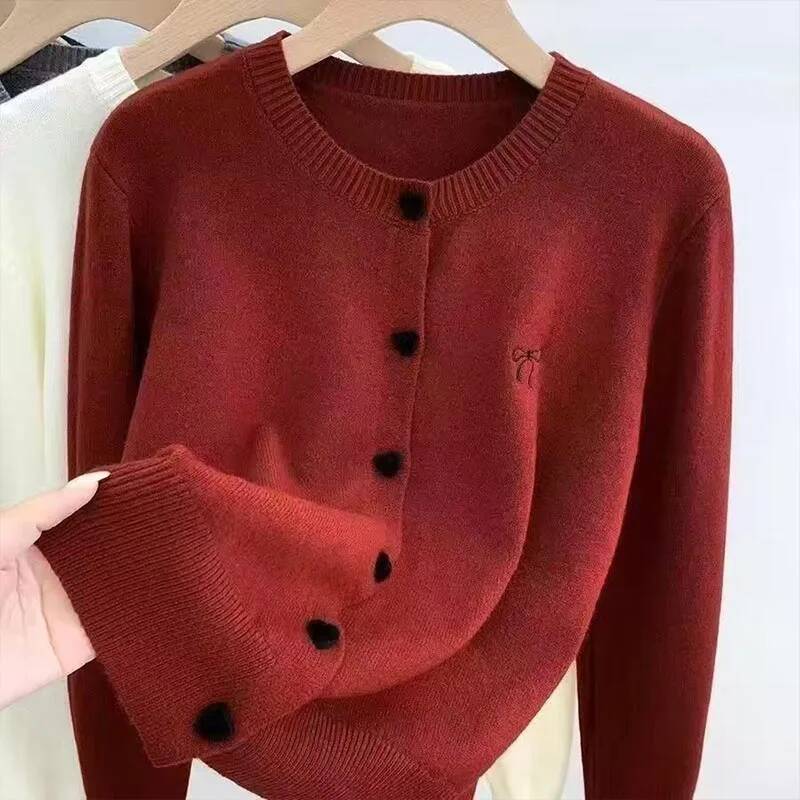 Women's Clothing Vintage Love Button Knit Cardigan Autumn/Winter Fashion All-match Bowknot Embroidery Sweaters Lady Elegant Tops ddmysept