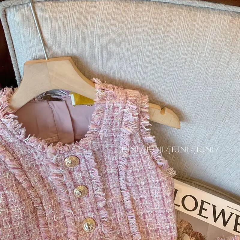 Pink Tweed 2 Pieces Sets Elegant Sleeveless Vest Women A-Line Korean Style Two Piece Skirt Suits Rich Girl Matching Outfit dongdumaoyi