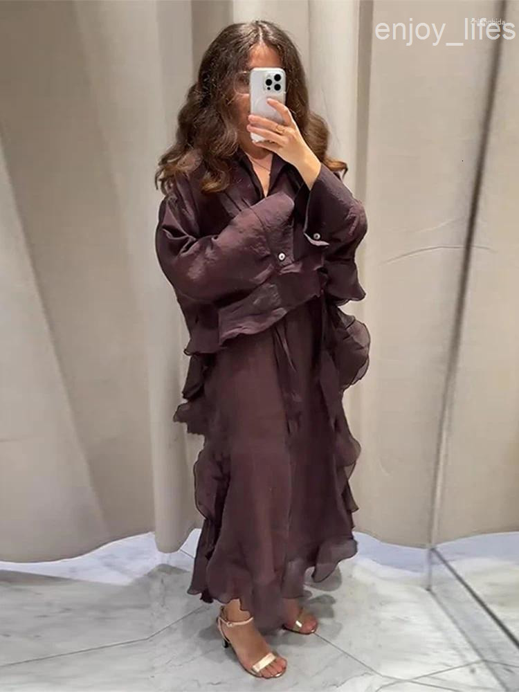 Casual Dresses Fashion Solid Patchwork Ruffle Hem Long Dress For Women Loose Full Sleeve V-neck Maxi Lady 2025 Summer Vacation Vestidos