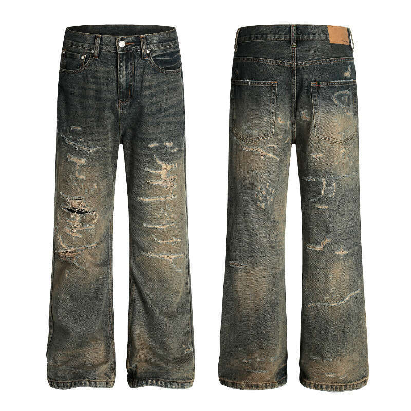 Stain-Dyed Personality Ripped Jeans American Vintage Washed Design Summer Trendy Unisex Wide-Leg Pants B5