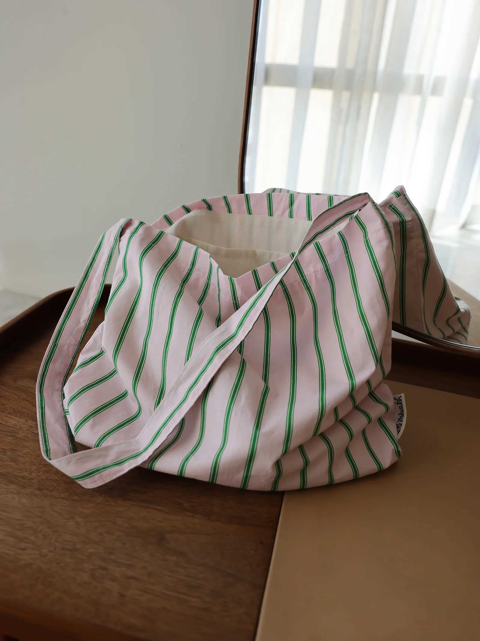 College style pink green striped shoulder bag simple versatile casual fabric tote bag canvas bag travel bag for women Y250730