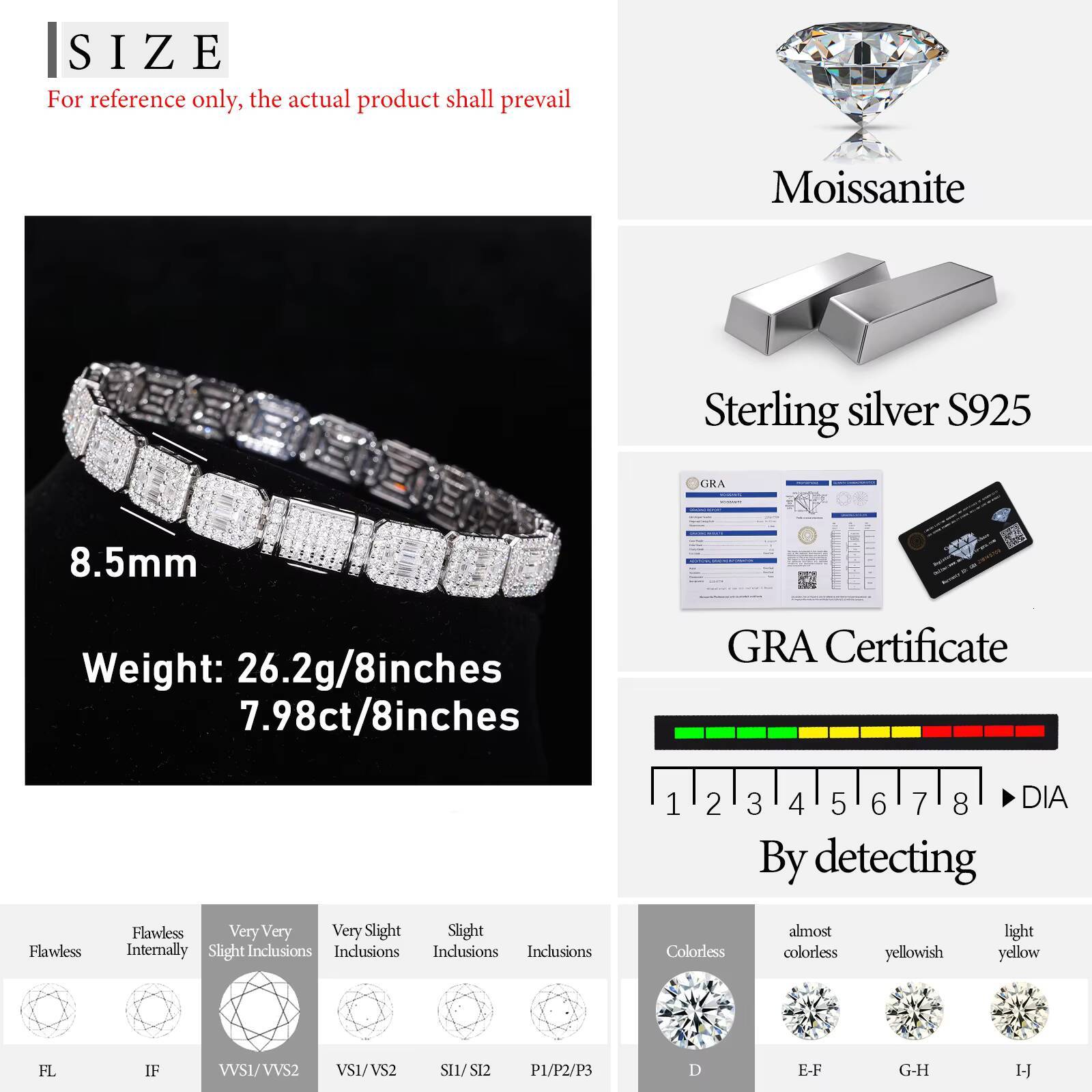 Fashion Hip Hop Jewelry 8.5mm 925 Sterling Silver VVS Baguette Moissanite Diamond Iced Out Sugar Tennis Bracelet for Men