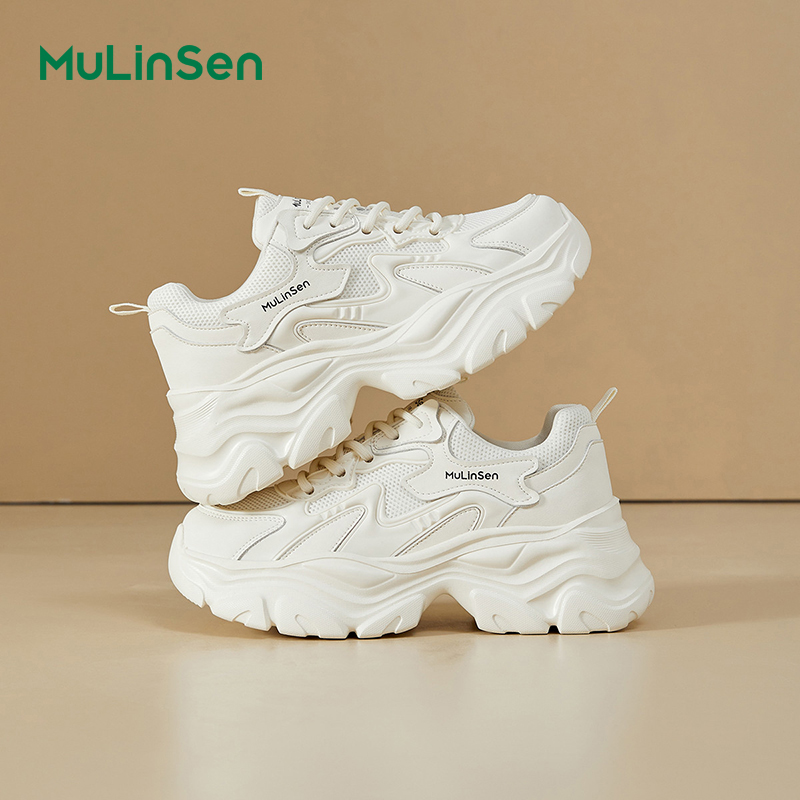 Mulinsen women's shoes 2025 new white sneakers breathable casual sports shoes show small feet summer thick-soled dad shoes