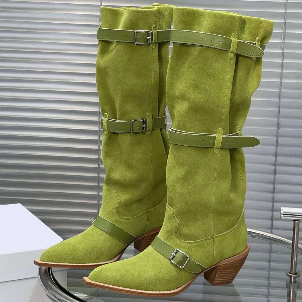 Women Size35-42 Genuine Leather Med Heels Natural Cow Suede Knight Boots Pleated Designer Shoes Zapatillas De Mujer 31b