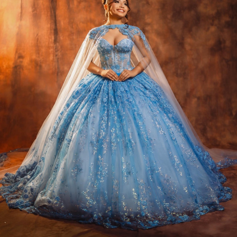 Blue Shiny Quinceanera Dresses Off The Shoulder Sequin Applique Lace Beads With Cape Tull Ball Gown Vestidos De 15 Anos Sweet 16 Dress