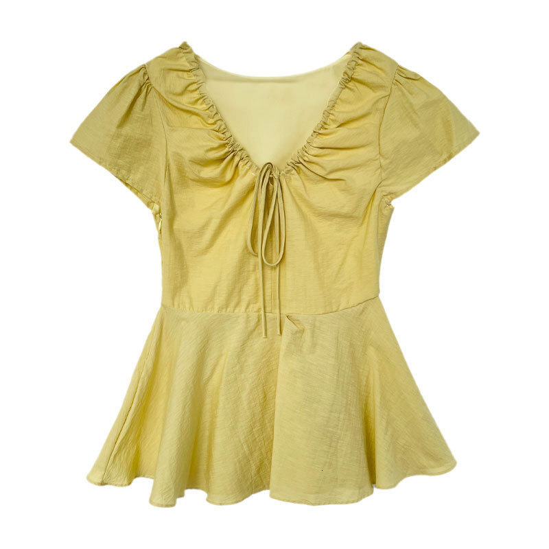 2025 French retro V-neck ruffled tie shirt short sleeved women's summer new waistband T-shirt top women's shirt new designer T-shirt